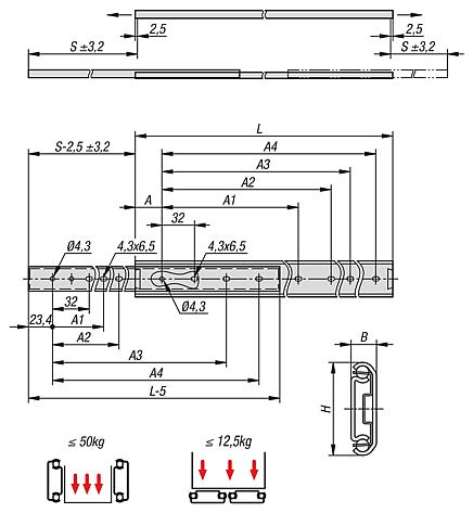 Telescopic slides, steel for side mounting, partial extension both sides, load capacity up to 50 kg