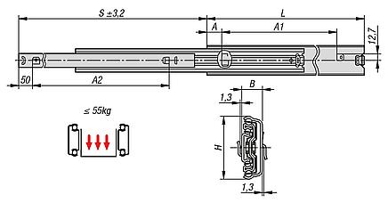 Telescopic slides, steel for side mounting, over-extension, load capacity up to 55 kg