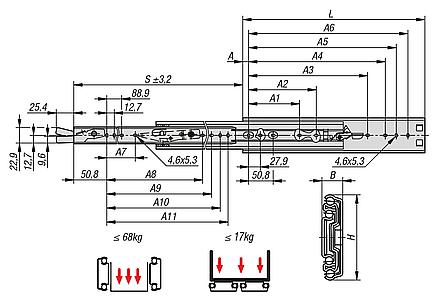 Telescopic slides, steel for side mounting, over-extension, load capacity up to 68 kg