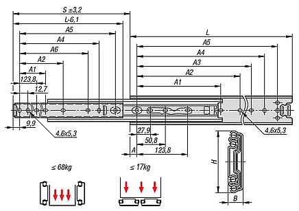 Telescopic slides, steel for side mounting, over-extension, load capacity up to 68 kg
