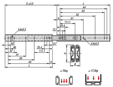 Telescopic slides, steel for side mounting, over-extension, load capacity up to 70 kg