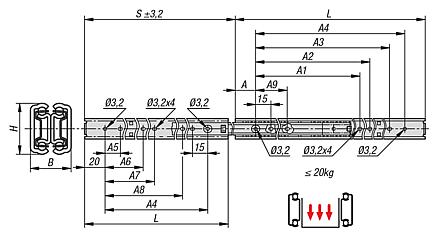 Telescopic slides, steel for side mounting   full extension, load capacity up to 20 kg