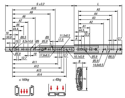 Telescopic slides, steel for side mounting, full extension, load capacity up to 160 kg