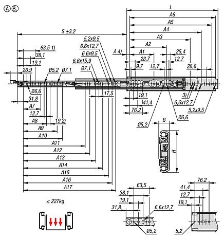 Telescopic slides, steel for side mounting, full extension, load capacity up to 272 kg
