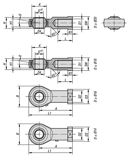 Rod ends with plain bearing internal thread, steel, DIN ISO 12240-1, can be re-lubricated