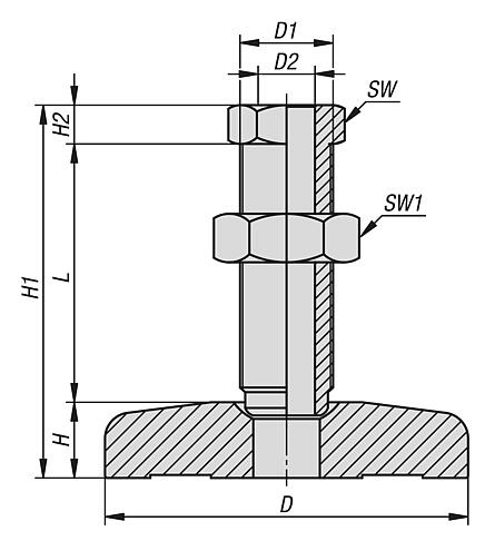 Levelling feet, steel 
with hollow screw
