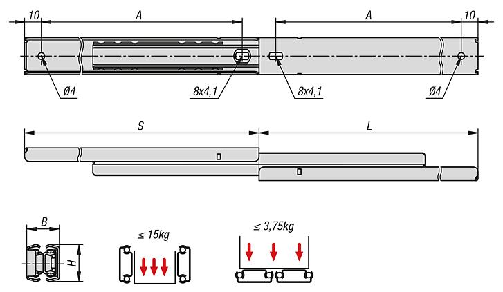 Telescopic slides, stainless steel, for side mounting, full extension, load capacity up to 15 kg