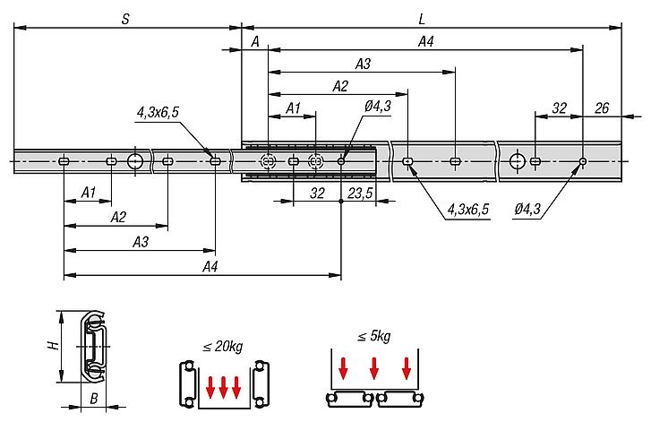 Steel telescopic slides for side mounting, full extension, load capacity up to 20 kg