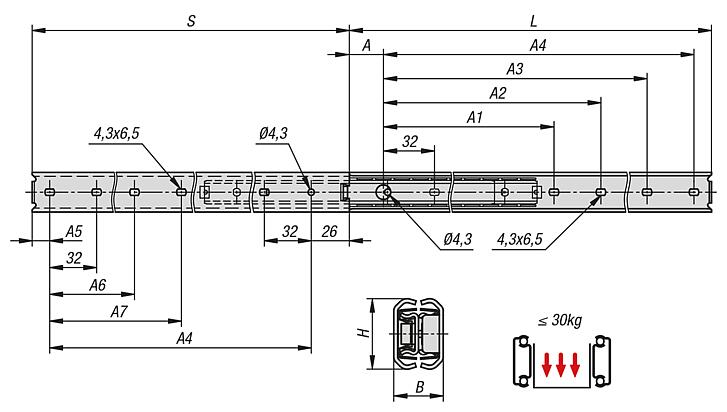 Steel telescopic slides for side mounting, full extension, load capacity up to 30 kg