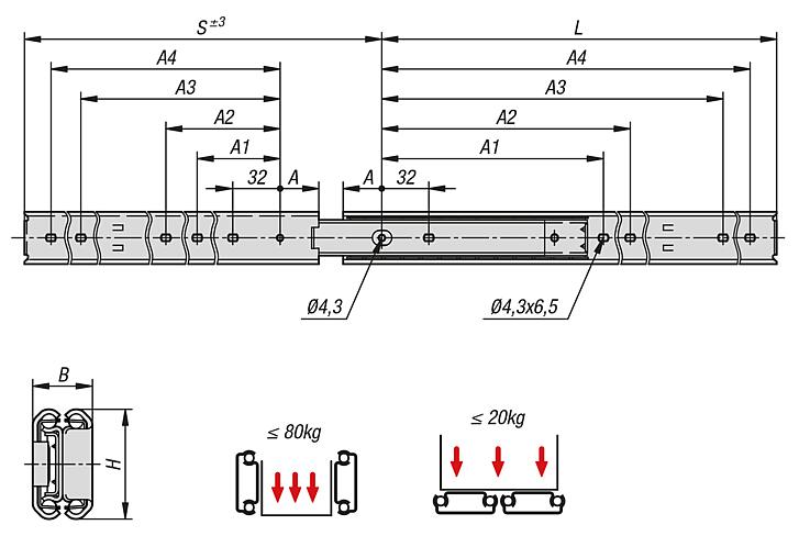 Stainless steel telescopic slides for side mounting, full extension, load capacity up to 80 kg