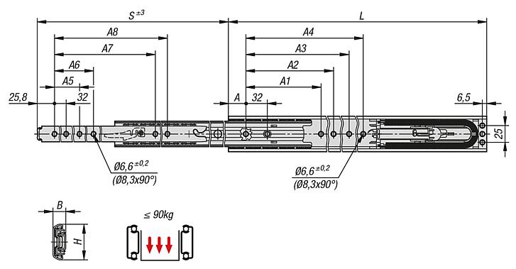 Telescopic slides, stainless steel, for side mounting, full extension, load capacity up to 90 kg