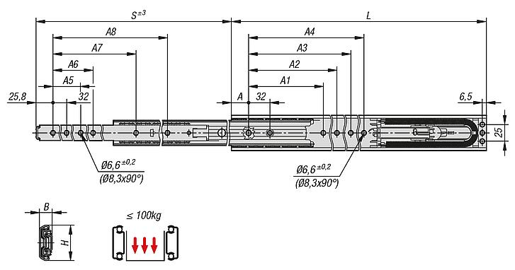 Telescopic slides, stainless steel, for side mounting, full extension, load capacity up to 100 kg