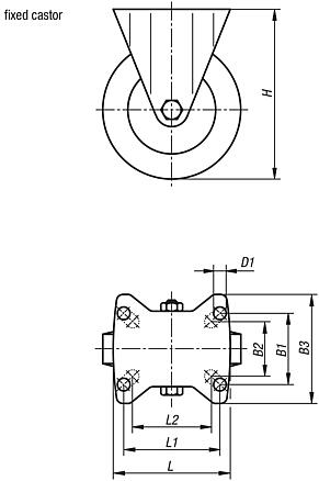 Steel plate fixed castors, electrically conductive with rubber tread, standard version