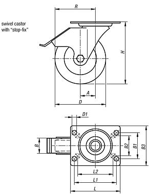 Steel plate swivel castors with stop-fix, electrically conductive with rubber tread, standard version