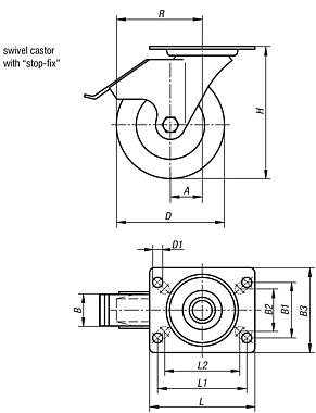 Steel plate swivel castors with stop-fix and elastic solid rubber tread, medium load version