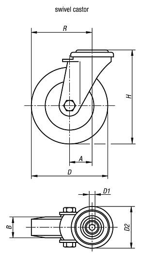 Steel plate swivel castors, with soft rubber tyres and bolt hole