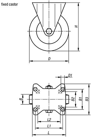 Fixed castors, stainless steel with polyamide wheels, standard version