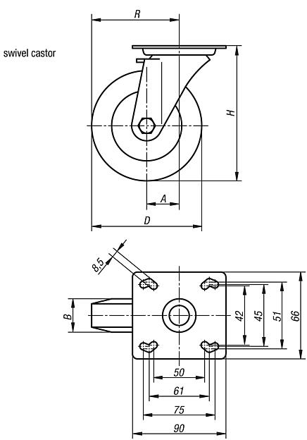 Steel plate swivel castors with standard solid rubber tyres, heavy duty version