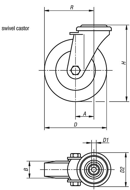 Steel plate swivel castors with bolt hole, without locking system, with soft rubber tyres