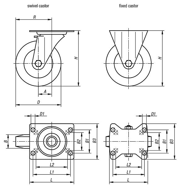 Swivel and fixed castors stainless steel, for sterile areas