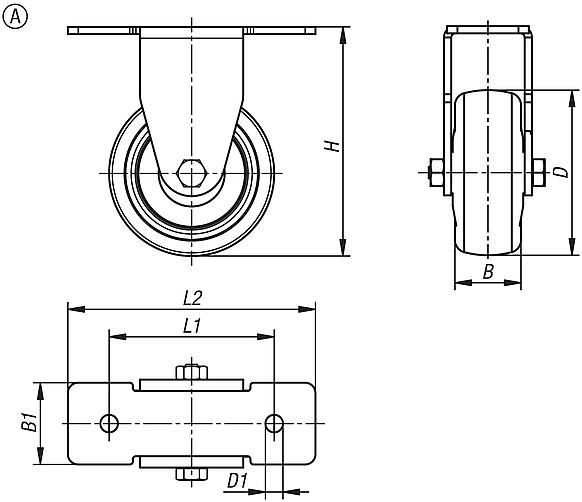 Swivel and fixed equipment castors, steel with TPE tread, for aluminium profiles, Form A