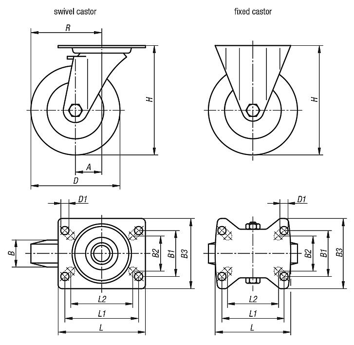 Steel plate swivel and fixed castors with polyurethane elastomer tread, heavy duty version
