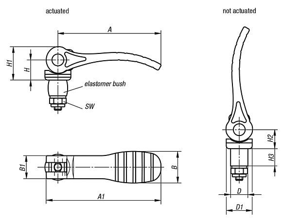 Cam levers, plastic with elastomer lock, plastic thrust washer and steel stud