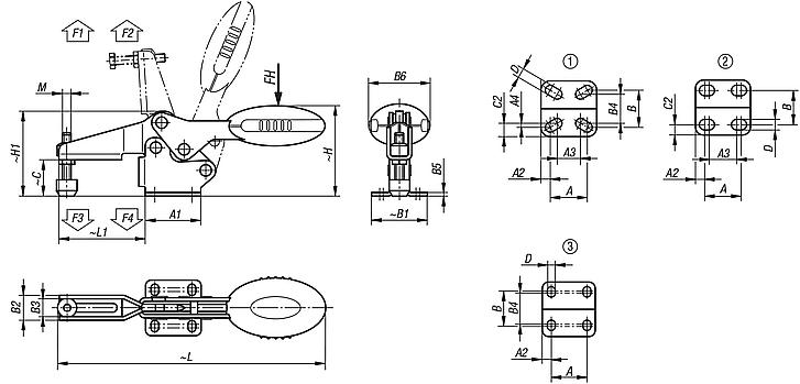Horizontal antistatic toggle clamps with flat foot and adjustable clamping spindle
