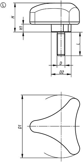 Trojcípá ovládací rukojeť ergonomická s vnějším závitem