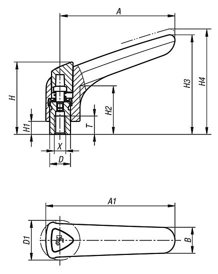 Clamping levers, plastic, ergonomic, with internal thread, threaded insert stainless steel
