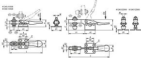 Toggle clamps horizontal with flat foot and adjustable clamping spindle