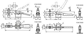 Toggle clamps horizontal with flat foot and adjustable clamping spindle