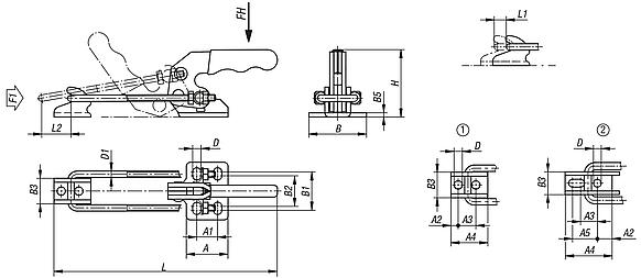 Horizontal latch clamps, steel or stainless steel, with catch plate and long adjustment path, red plastic grip