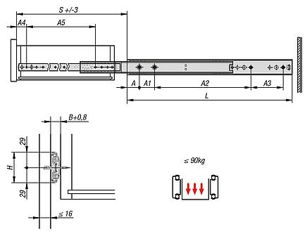 Telescopic slides, steelfor side mounting, over-extension, load capacity up to 90 kg