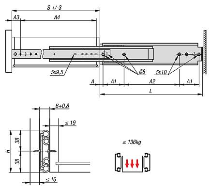 Telescopic slides, steelfor side mounting, full extension, load capacity up to 136 kg