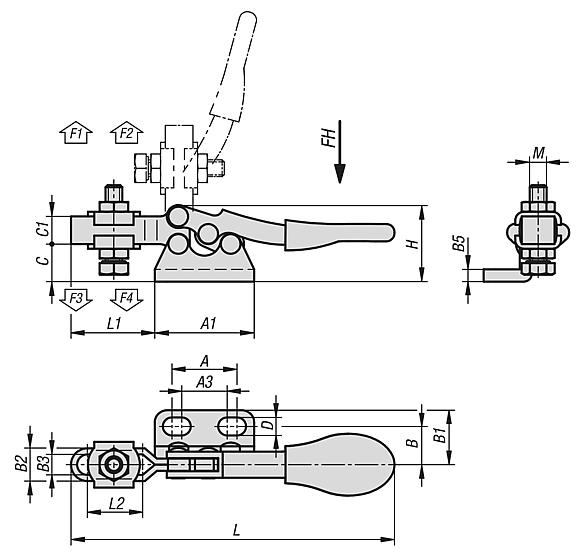 Toggle clamp mini, horizontal with horizontal foot right and adjustable clamping spindle