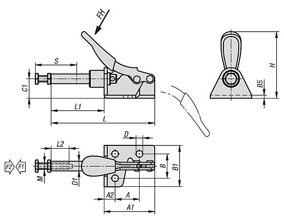 Mini push-pull toggle clamps, steel or stainless steel with mounting bracket, Form A